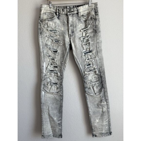 Smoke Rise Men's 36x34 Distressed Ripped Taper Denim Frost Gray Stretch Jeans - Picture 3 of 10